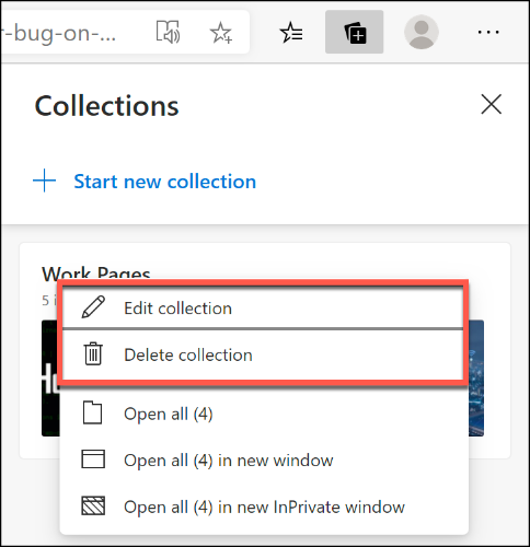 Clique com o botão direito em uma coleção do Microsoft Edge e clique em Editar coleção ou Excluir coleção para renomear ou excluí-la