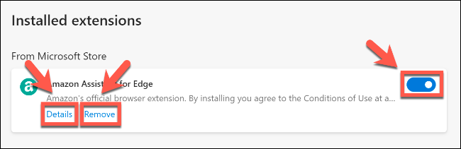 Na página Extensões do Edge, clique em detalhes para obter mais informações ou para acessar mais configurações, remover para remover uma extensão ou o controle deslizante para desativá-la / ativá-la
