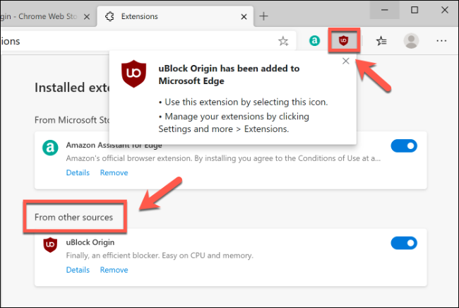 Extensões do Google Chrome instaladas no Microsoft Edge, listadas na página Extensões