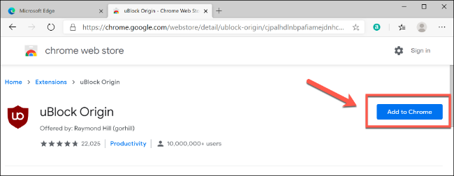 Clique em Adicionar ao Chrome para instalar uma extensão do Chrome no Edge