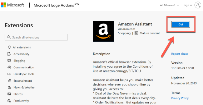 Clique em Get para instalar uma extensão do Microsoft Edge a partir da Microsoft Store
