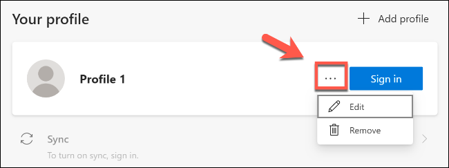 Clique no ícone do menu horizontal para remover ou editar um perfil no Microsoft Edge