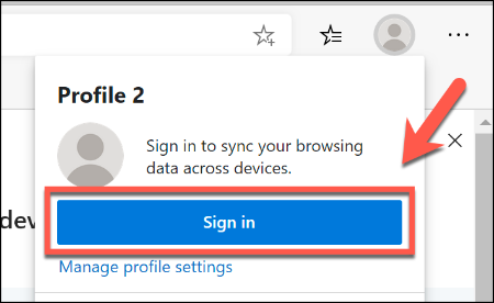 Para assinar seu perfil do Microsoft Edge em uma conta da Microsoft, pressione o ícone do perfil no canto superior direito e clique em Entrar