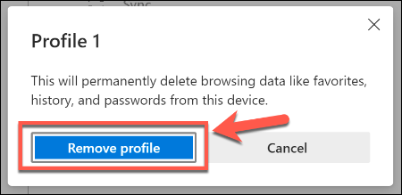Clique em Remover Perfil para remover um perfil de usuário no Microsoft Edge