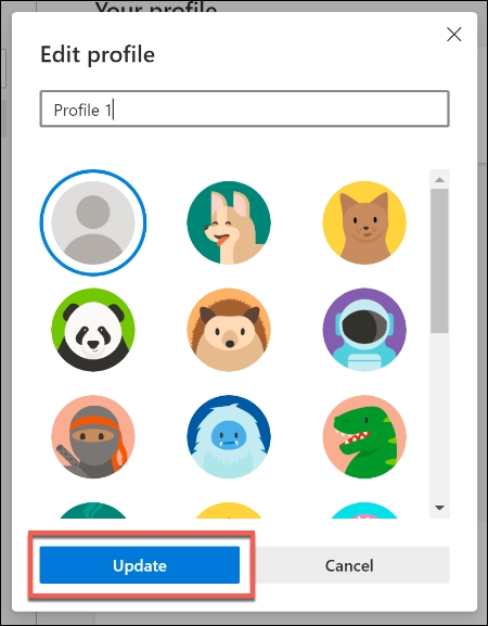 Forneça um novo nome e ícone para um perfil de usuário no Microsoft Edge e pressione Atualizar para atualizar suas configurações