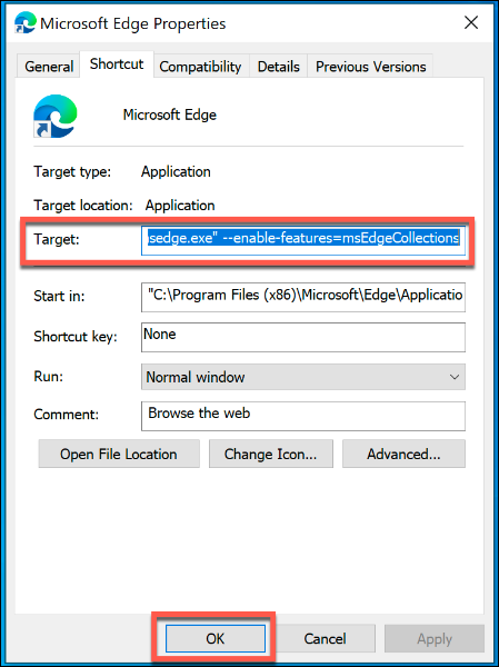 Um atalho personalizado do Microsoft Edge com o sinalizador enable-features