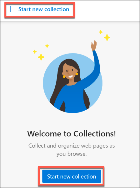 Clique em Iniciar nova coleção para iniciar uma nova coleção do Edge