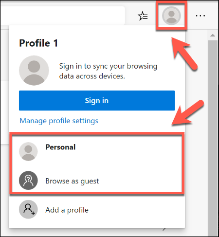 Para alternar entre perfis de navegador no Microsoft Edge, clique no ícone do perfil de usuário no canto superior direito e selecione seu perfil na lista fornecida