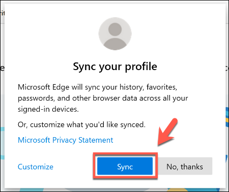 Pressione Sincronizar para sincronizar suas informações de perfil do Edge com seus outros dispositivos