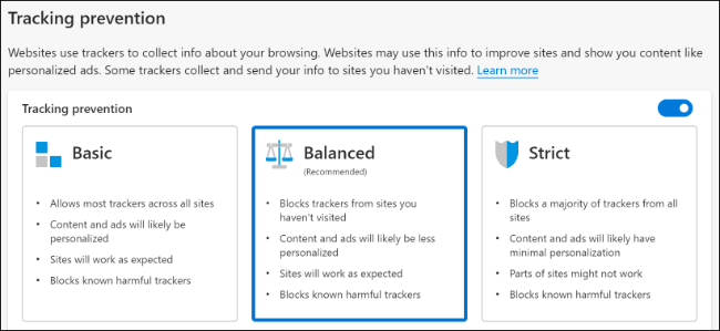 As opções de "Prevenção de rastreamento" no Microsoft Edge.