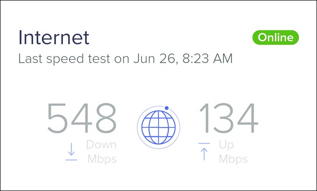 Um teste de velocidade de internet mostrando 548 Mbps de velocidade de download e 134 Mbps de velocidade de upload.