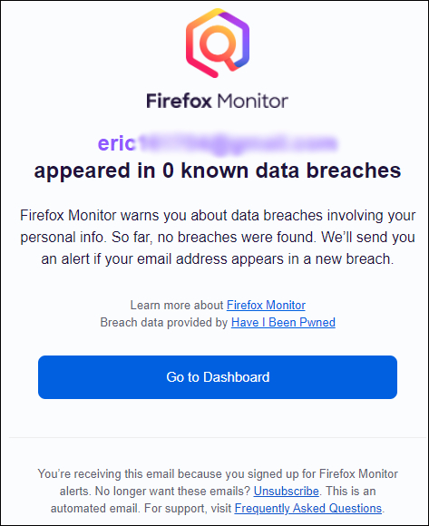Um email de confirmação do Firefox Monitor