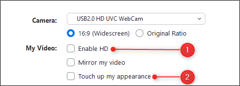 Ativar HD e retocar minhas opções de aparência em Zoom