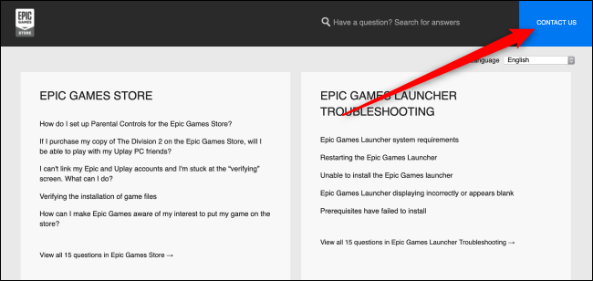 Página de ajuda da Epic Games Store