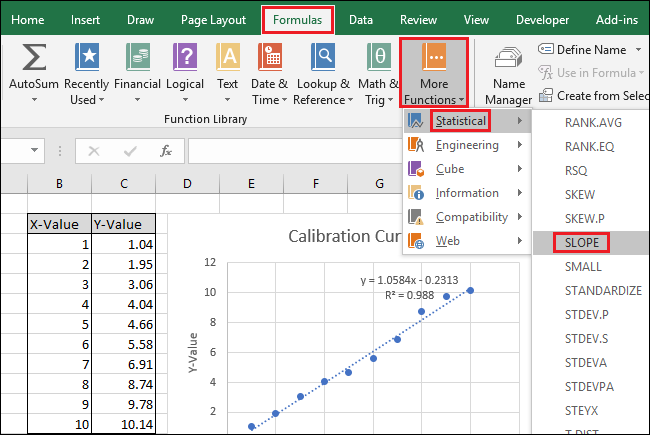 Navegue até Fórmulas> Mais funções> Estatística> SLOPE