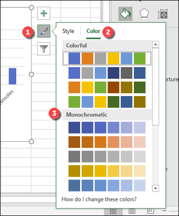 Clique na guia "Cor" no menu de opções "Estilo do gráfico" para alterar as cores usadas no gráfico de barras do Excel