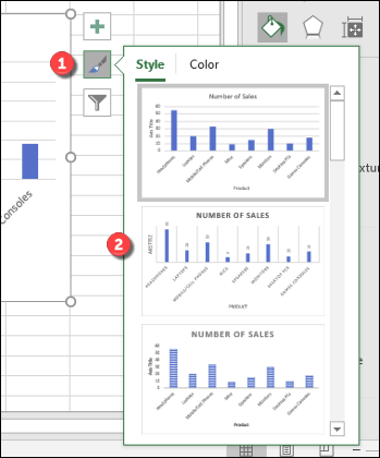 Na seção "Estilo" do menu "Estilos de gráfico", selecione uma das opções de estilo de gráfico visual para aplicá-la ao gráfico