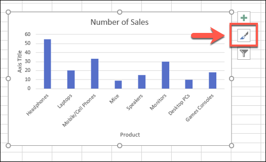 Para alterar os estilos de gráfico de um gráfico de barras do Excel, selecione o gráfico e pressione o ícone "Estilos de gráfico"