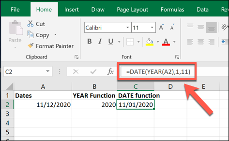 Um exemplo de valor de fórmula DATE, criado usando o valor criado por uma fórmula YEAR no Excel
