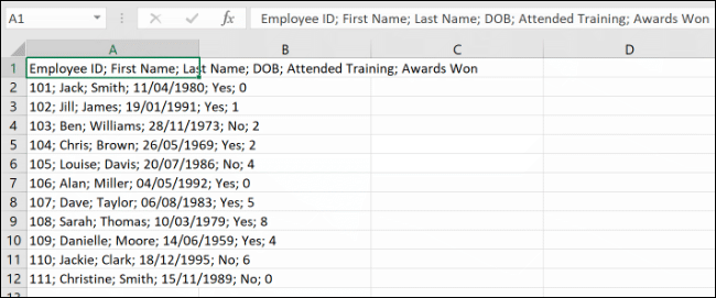 Dados, separados por um delimitador, no Microsoft Excel