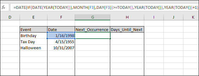 Inserindo "= DATA (SE (DATA (ANO (HOJE ()), MÊS (F3), DIA (F3))> = HOJE (), ANO (HOJE ()), ANO (HOJE ()) + 1), MÊS (F3), DIA (F3)) "na célula F3