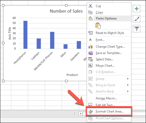 Você pode fazer outras alterações de formatação em um gráfico de barras do Excel clicando com o botão direito do mouse no gráfico e clicando na opção "Formatar área do gráfico"