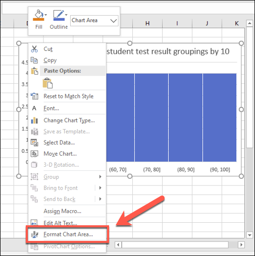 Para fazer alterações cosméticas em um histograma do Excel, clique com o botão direito e pressione o botão Formatar área do gráfico