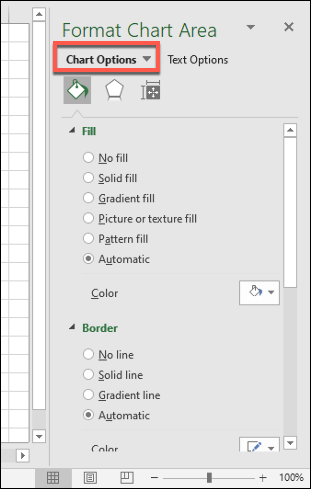 A seção "Opções de gráfico" do menu "Formatar área do gráfico", permitindo que você faça mais alterações de formatação em um gráfico do Excel