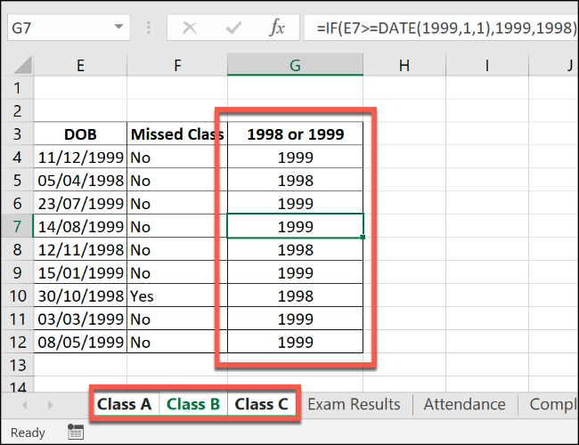 Uma fórmula do Excel IF, aplicada a várias planilhas agrupadas.