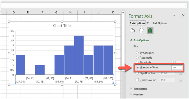 Um histograma do Excel, com agrupamentos de caixa agrupados por número de caixas