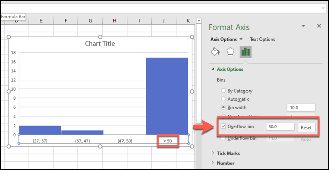 Um histograma do Excel com uma figura de bandeja de estouro ativada