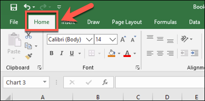 A guia "Home" na barra de faixa do Excel, com várias opções de formatação de texto disponíveis