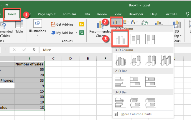 Pressione Inserir> Inserir coluna ou gráfico de barras> Gráfico agrupado para inserir um gráfico de barras padrão no Excel