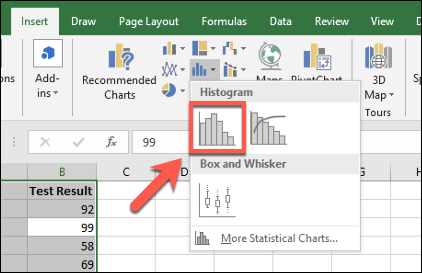 Toque no ícone do histograma para inserir um gráfico de histograma