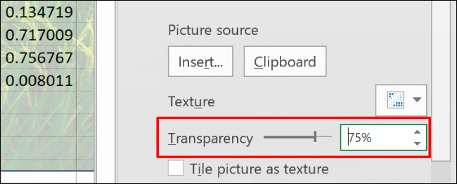 Use o controle deslizante "Transparência" para definir a porcentagem apropriada.