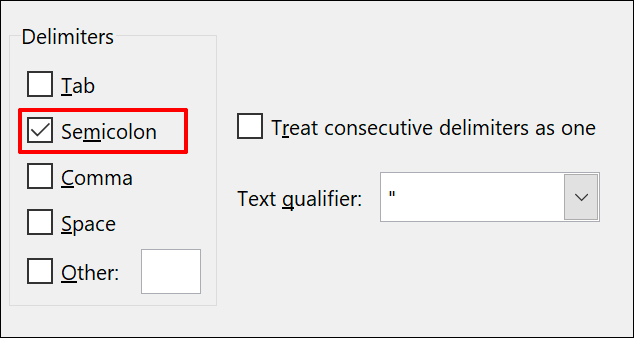 Opções de texto para delimitador de coluna no Microsoft Excel, com ponto e vírgula selecionado