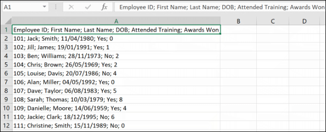 Dados, em coluna única, no Microsoft Excel