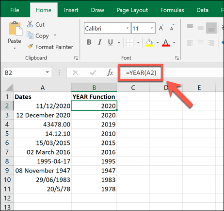 Exemplos da função YEAR usada no Microsoft Excel