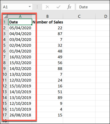 Um exemplo de conjunto de dados do Excel, com dados classificados da data mais recente para a mais antiga
