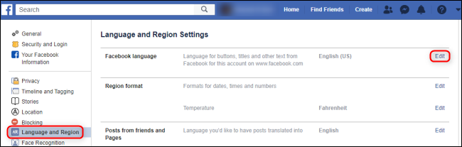Idioma e região do Facebook