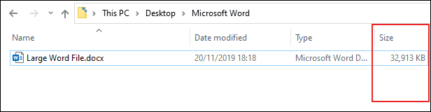 A coluna "Tamanho" no Windows File Explorer, mostrando o tamanho do arquivo de um documento do Microsoft Word.