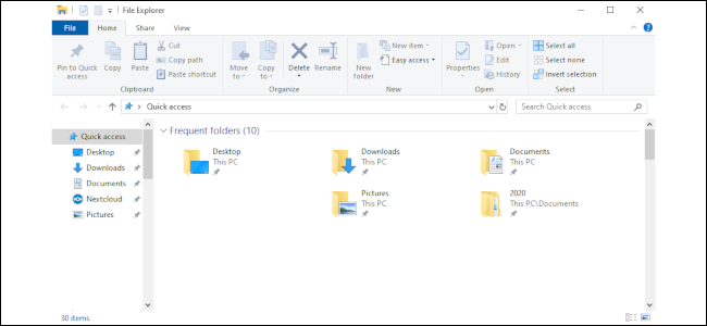 A janela "Acesso rápido" no Gerenciador de arquivos no Windows 10.