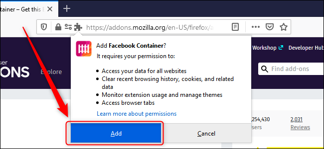 Firefox Adicionar contêiner do Facebook