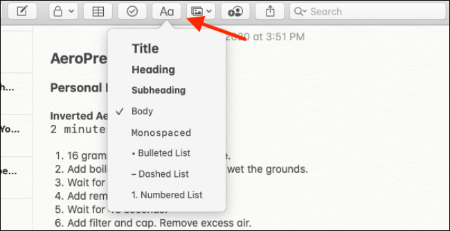 Opções de formatação no aplicativo Notes para Mac