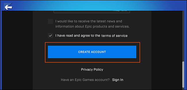 Toque em Criar conta na tela de criação de conta da Epic Games