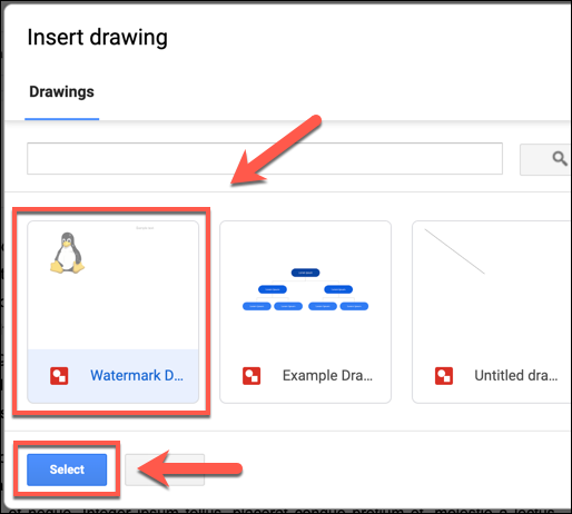 Selecione sua imagem salva do Desenhos Google e clique em Selecionar para adicioná-la ao seu documento do Google Docs