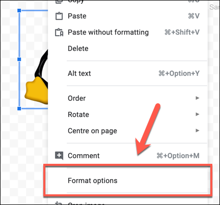 Para formatar uma imagem no Desenhos Google, clique com o botão direito do mouse> Opções de formatação