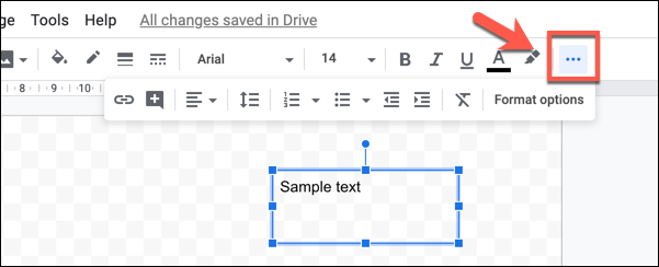 Pressione o botão "Mais" de três pontos para ver todas as opções de formatação de texto nos desenhos do Google