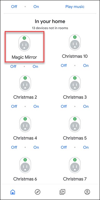 App Google Assistente mostrando dispositivos não atribuídos, dispositivo Magic Mirror com uma caixa vermelha ao redor