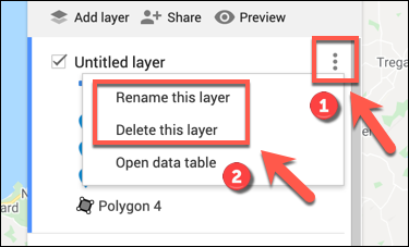 Opções para renomear ou deletar uma camada personalizada em um mapa personalizado do Google Maps